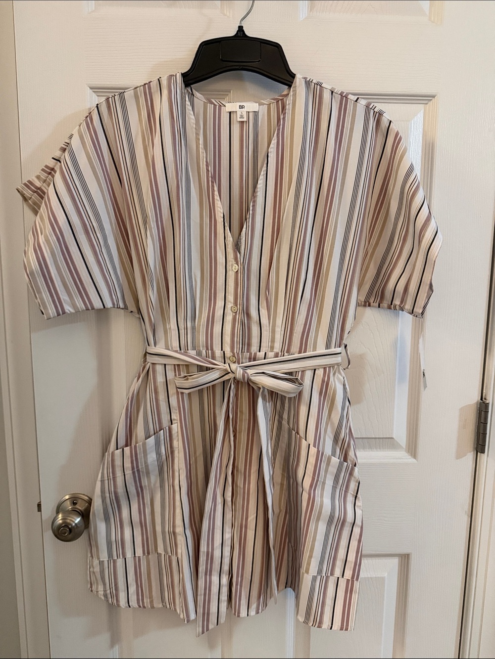bp Striped Belted Dolman Sleeve Shirt Dress in Neutral, Mauve, and Blue